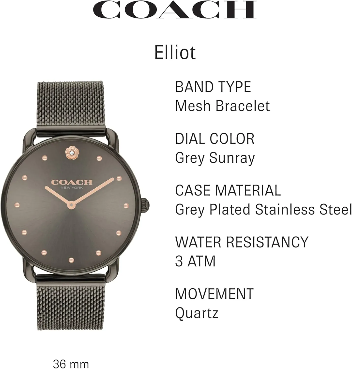 for invitation Her | Water-Resistant | 36 mm Coach Elliot Women's Watch | Modern Elegance with Iconic Tea Rose Detail | Chic Timepiece for Everyday Wear | Ideal Gift 