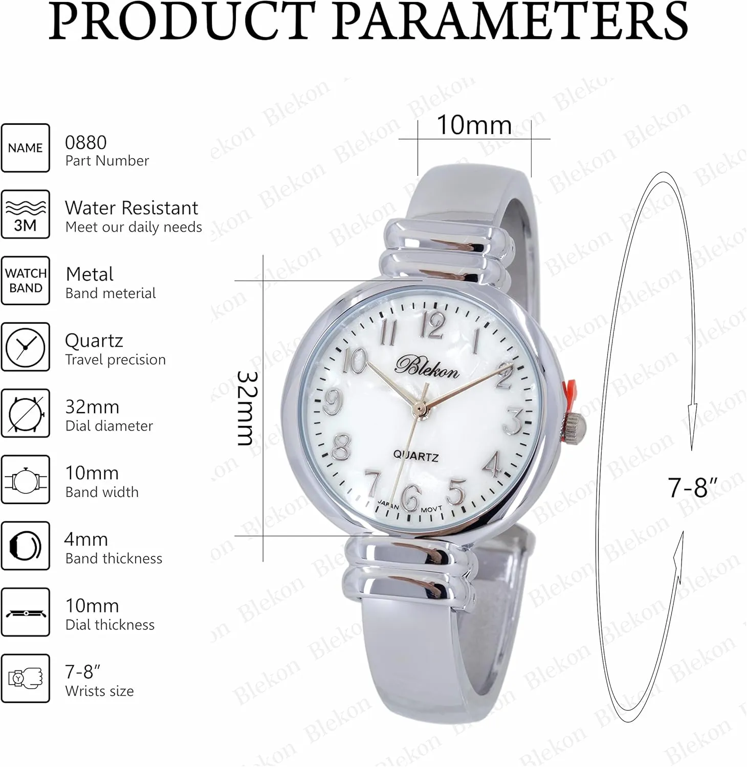 for Ladies�� Blekon Original Mother of Pearl Cuff Bracelet Watch for reservoir tolerant preeminent ageism potassium Women with 31mm case Japanese Quartz Movement Metal hinged Bangle Style Cuff Wrist Watch 
