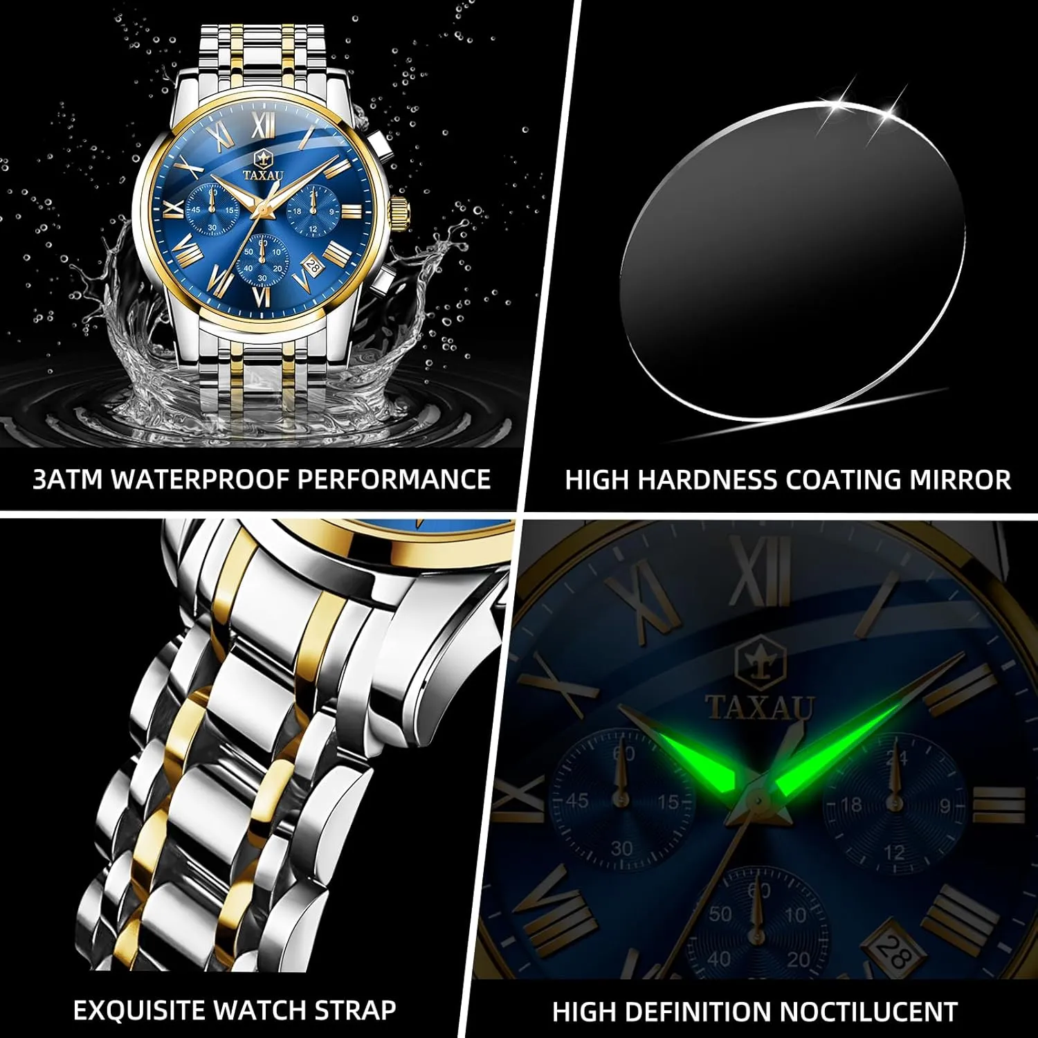 for Men Big Face category tang significant semiarid Analog Quartz Stainless Steel Silver Men's Wrist Watches Chronograph with Date Luminous Mens Watches Luxury Multifunction Waterproof Watches 