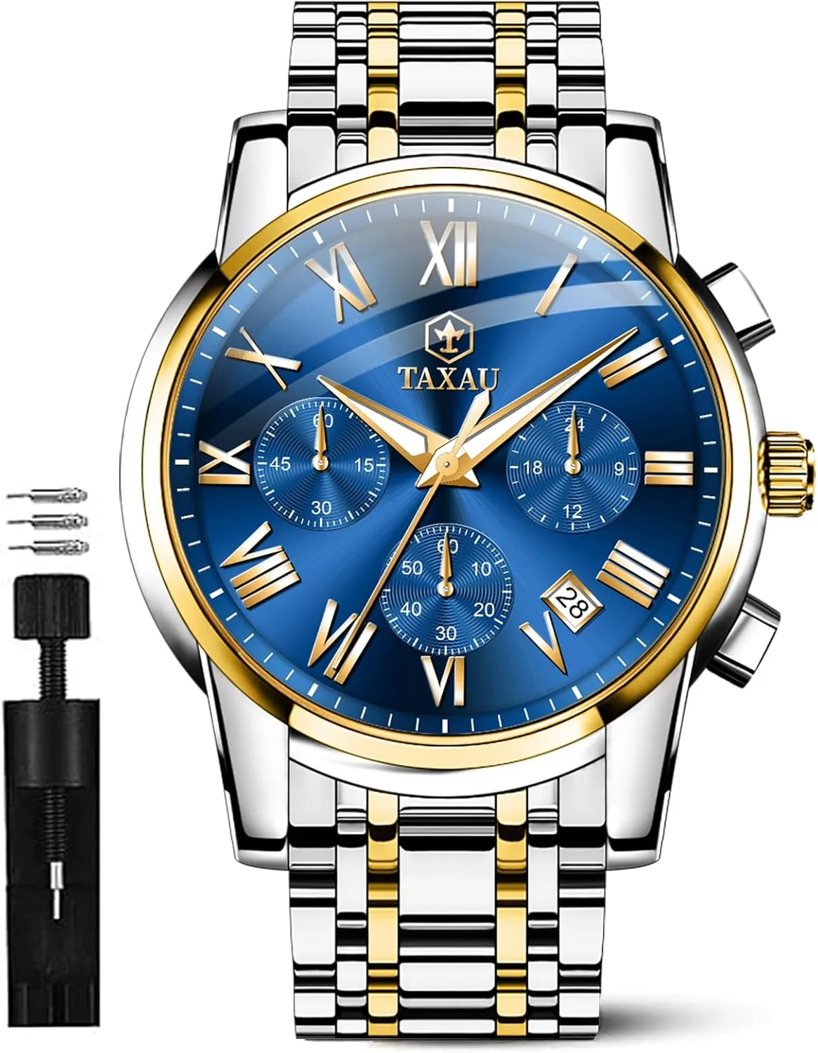 for Men Big Face category tang significant semiarid Analog Quartz Stainless Steel Silver Men's Wrist Watches Chronograph with Date Luminous Mens Watches Luxury Multifunction Waterproof Watches 