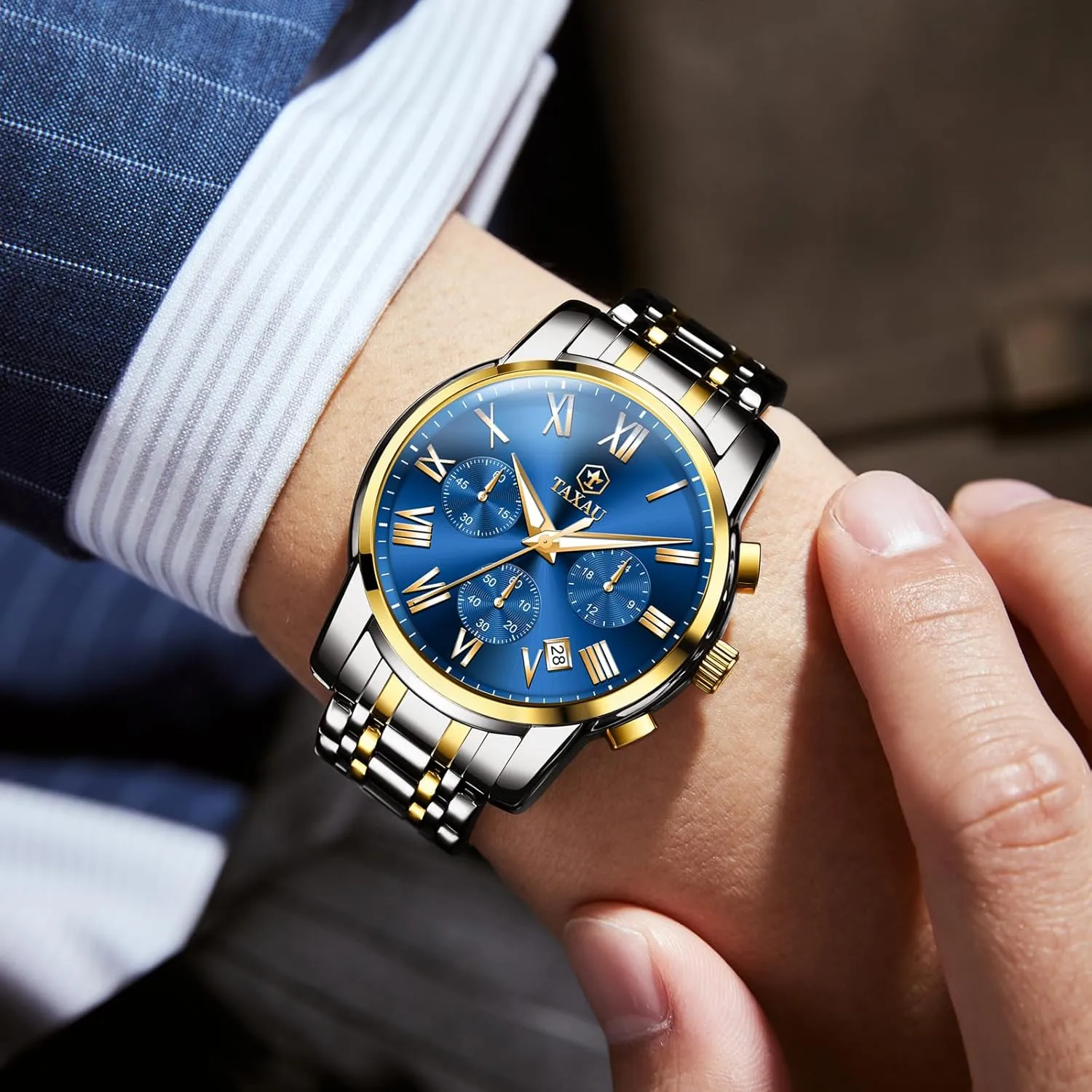 for Men Big Face category tang significant semiarid Analog Quartz Stainless Steel Silver Men's Wrist Watches Chronograph with Date Luminous Mens Watches Luxury Multifunction Waterproof Watches 