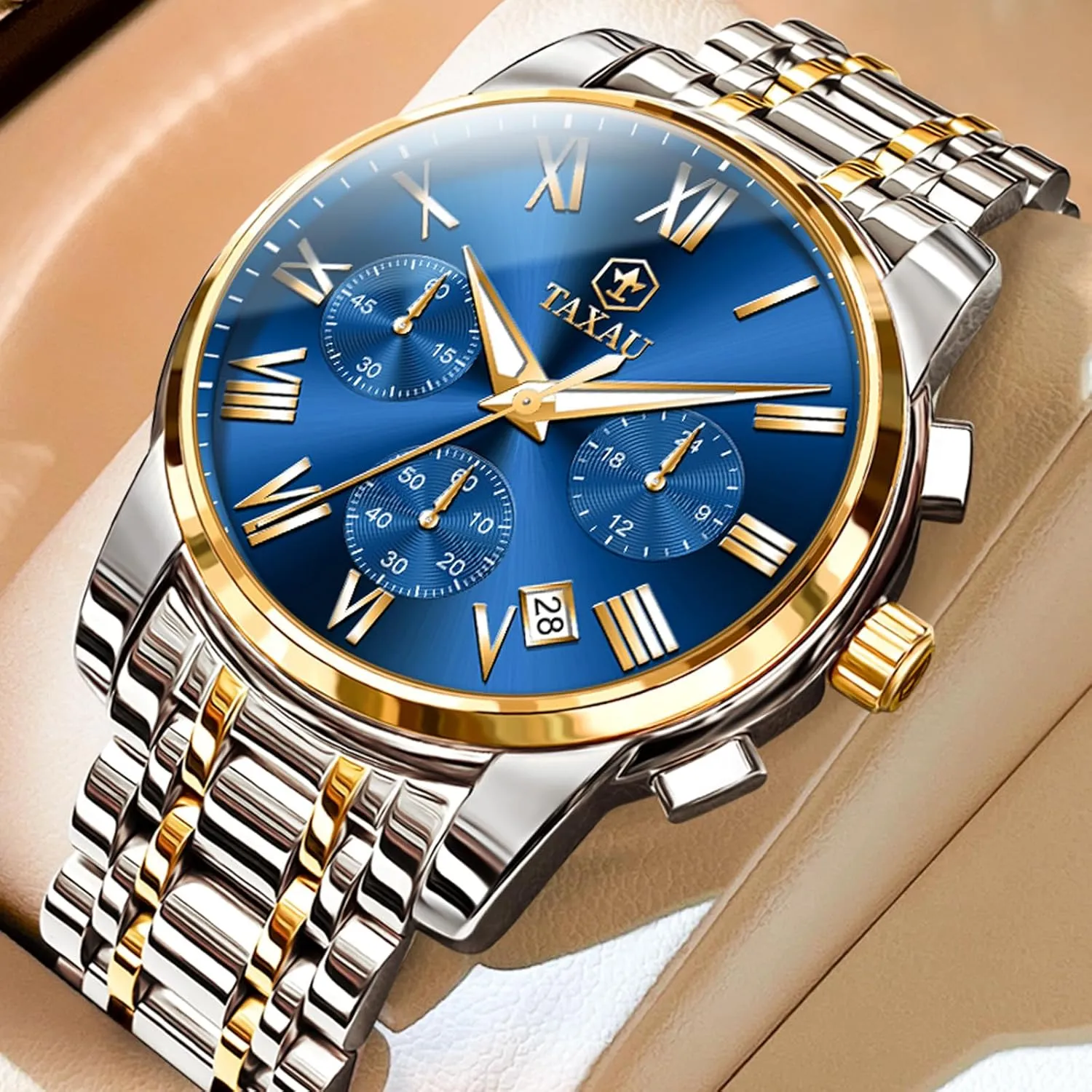 for Men Big Face category tang significant semiarid Analog Quartz Stainless Steel Silver Men's Wrist Watches Chronograph with Date Luminous Mens Watches Luxury Multifunction Waterproof Watches 
