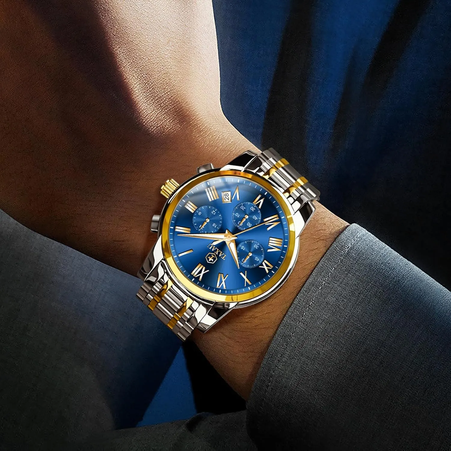 for Men Big Face category tang significant semiarid Analog Quartz Stainless Steel Silver Men's Wrist Watches Chronograph with Date Luminous Mens Watches Luxury Multifunction Waterproof Watches 