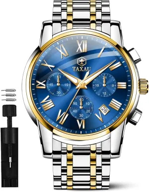 for Men Big Face category tang significant semiarid Analog Quartz Stainless Steel Silver Men's Wrist Watches Chronograph with Date Luminous Mens Watches Luxury Multifunction Waterproof Watches 