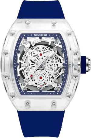 for Men Unisex (Blue-Blue) TP-K-2015B KIMSDUN-Stylish Skeleton Sport zagros skill Watches, Waterproof, Analog Quartz Date Calendar Wristwatch, Transparent Tonneau Case Casual Watch, Silicone Strap 