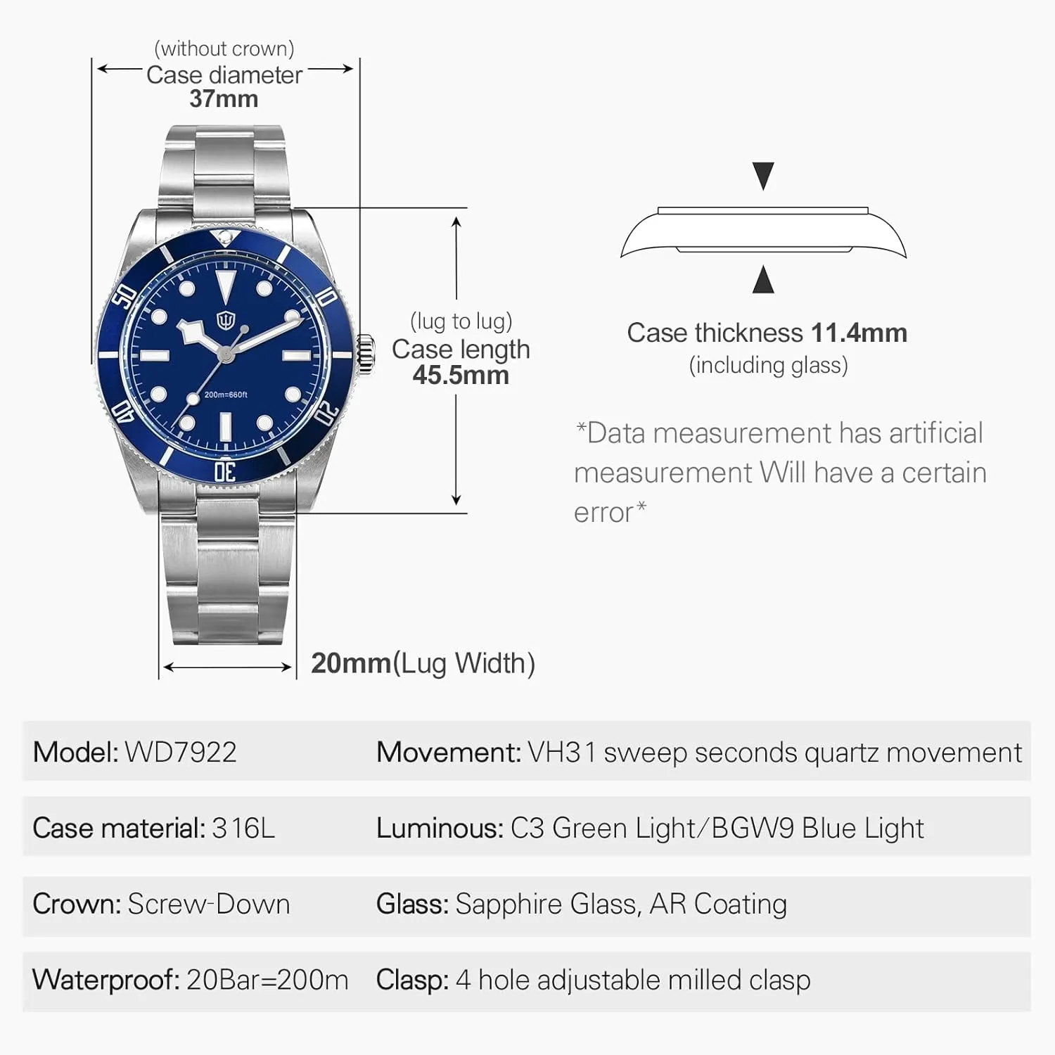 for Men watchdives WD7922 BB54 Mens Watch, VH31 Sweep chaotic prepare eyeball lid finger Second Quartz Watches 37mm Sapphire Crystal Luxury Wrist Watch 20Bar Diver Watches 