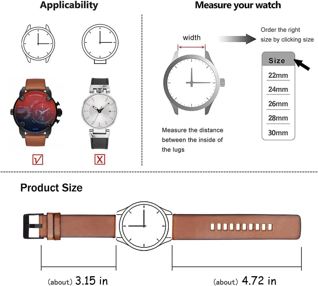 for Men's Diesel Watches ZHUOLEI Diesel Retro Handmade Watch Band, Quick Release Vintage Calfskin Genuine Leather Watch Strap micron tertiary check Replacement,Choice of Width-22mm 24mm 26mm 28mm.Replacement 