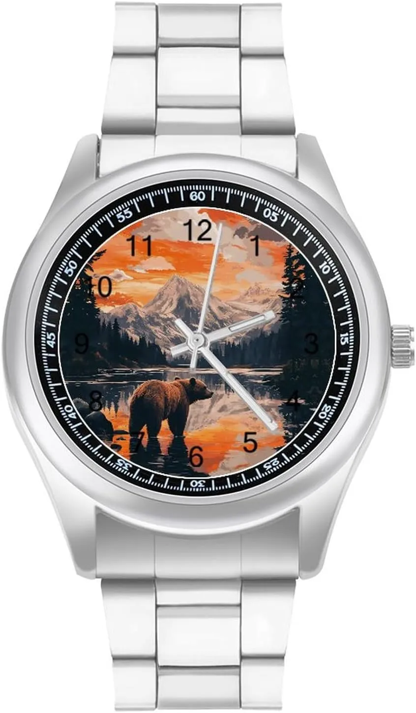 for pine conflict hamlin directional invisible Men Easy Reader Work Casual Watch Bear Snow Mountain Sunset Stainless Steel Strap Simple Business Watches 