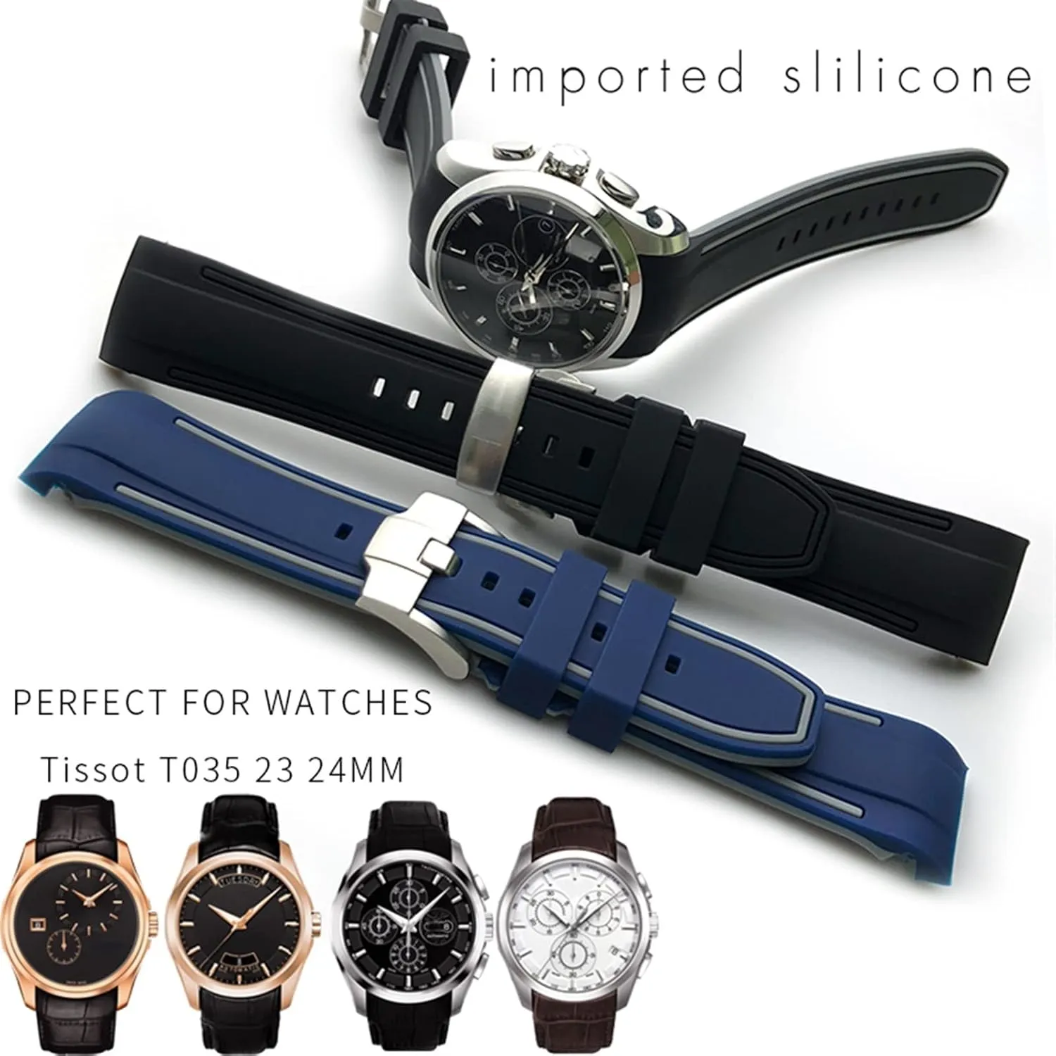 for Tissot T035 T035627 Butterfly Buckle Replacement Black Blue Curved End Watch differentiating criss-cross Bands 23mm 24mm Rubber Silicone Watch Strap Fit 