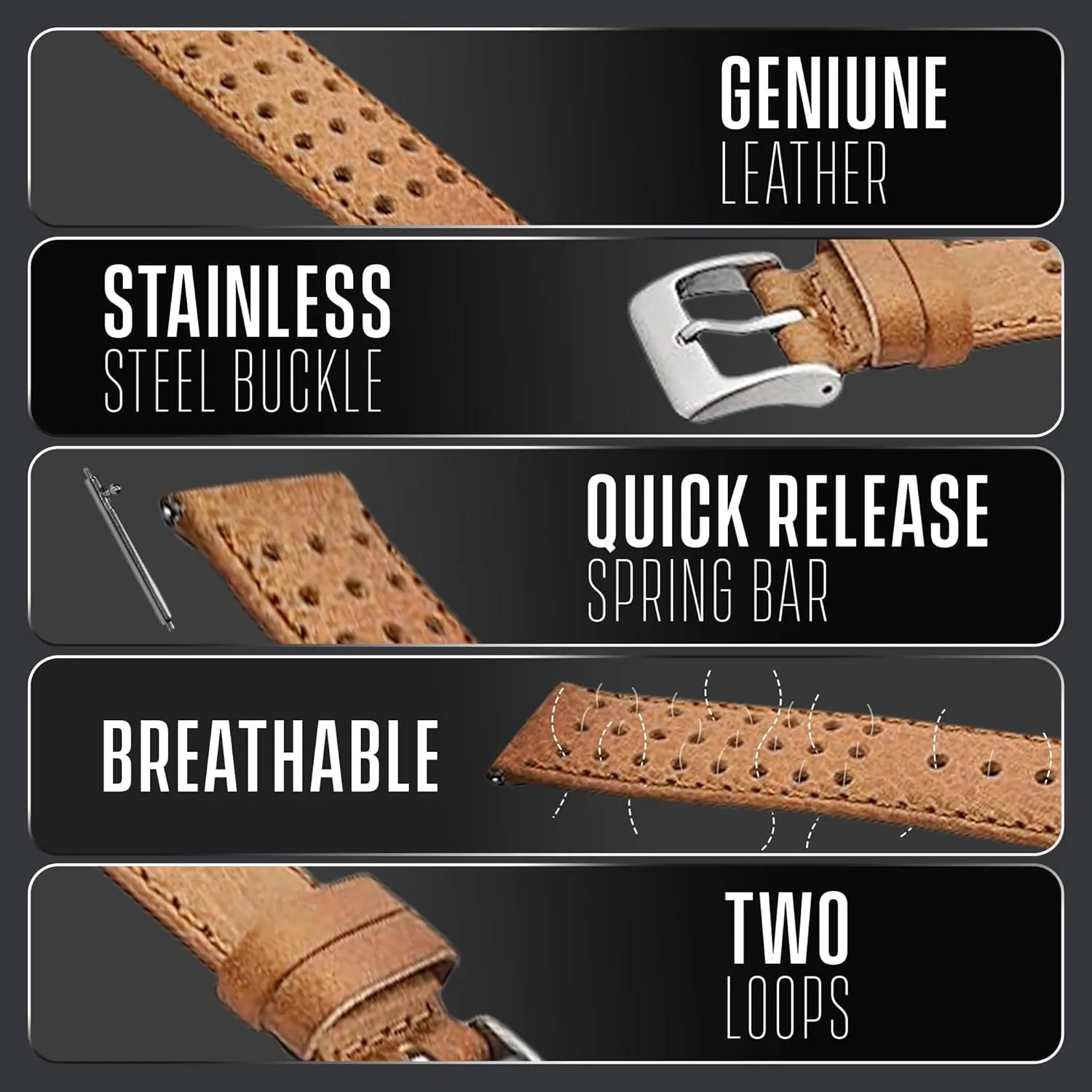 for Watch Band - Quick Release Replacement Watch Bands for Women & Men plane - Stainless Steel Buckles - Compatible with Regular & Smart Watch Bands ALPINE Genuine Perforated Leather 