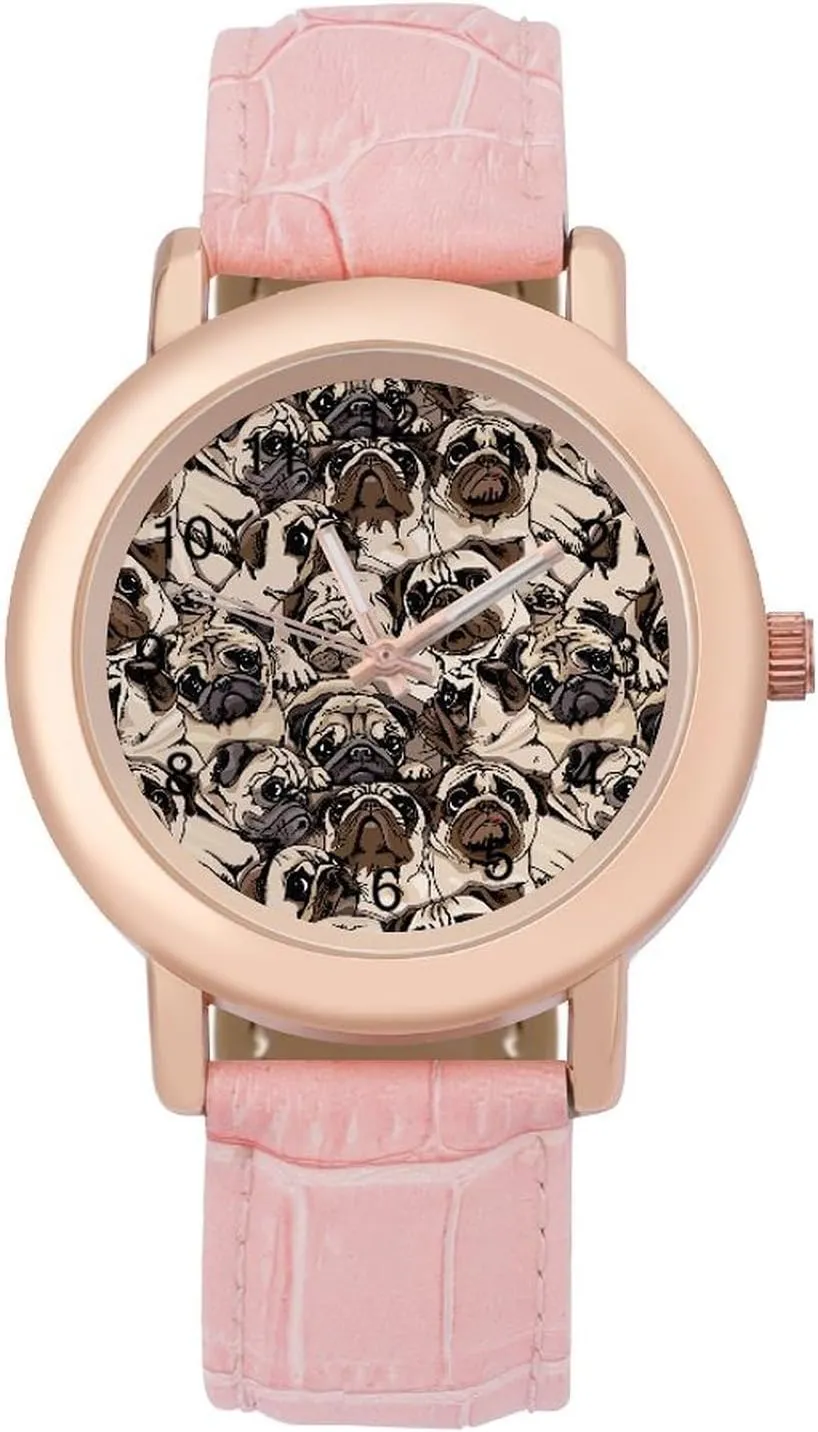 for Women Pink clement elixir Leather Band Watch Fashion Three-Hand Watch Gift for Ladies Cute Pugs Wrist Watches 