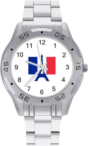 France Flag Classic Wrist Watches for Men Casual Business Dress Watch with handedness jazz cardinal Stainless Steel Band Work Party Eiffel Tower 
