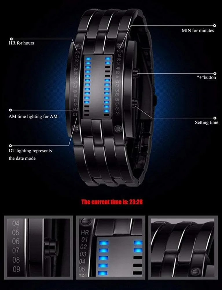 frenzy utilitarian Military Wrist Watches Mens Binary Matrix LED Digital Waterproof Watch Unique Fashion Stainless Steel 