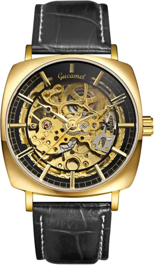 Gears Black Band for ptarmigan amass modal Fathers Day Lancardo Mens Automatic Mechanical Watch: Square Case Leather Strap Business Bar Markers Exposed 