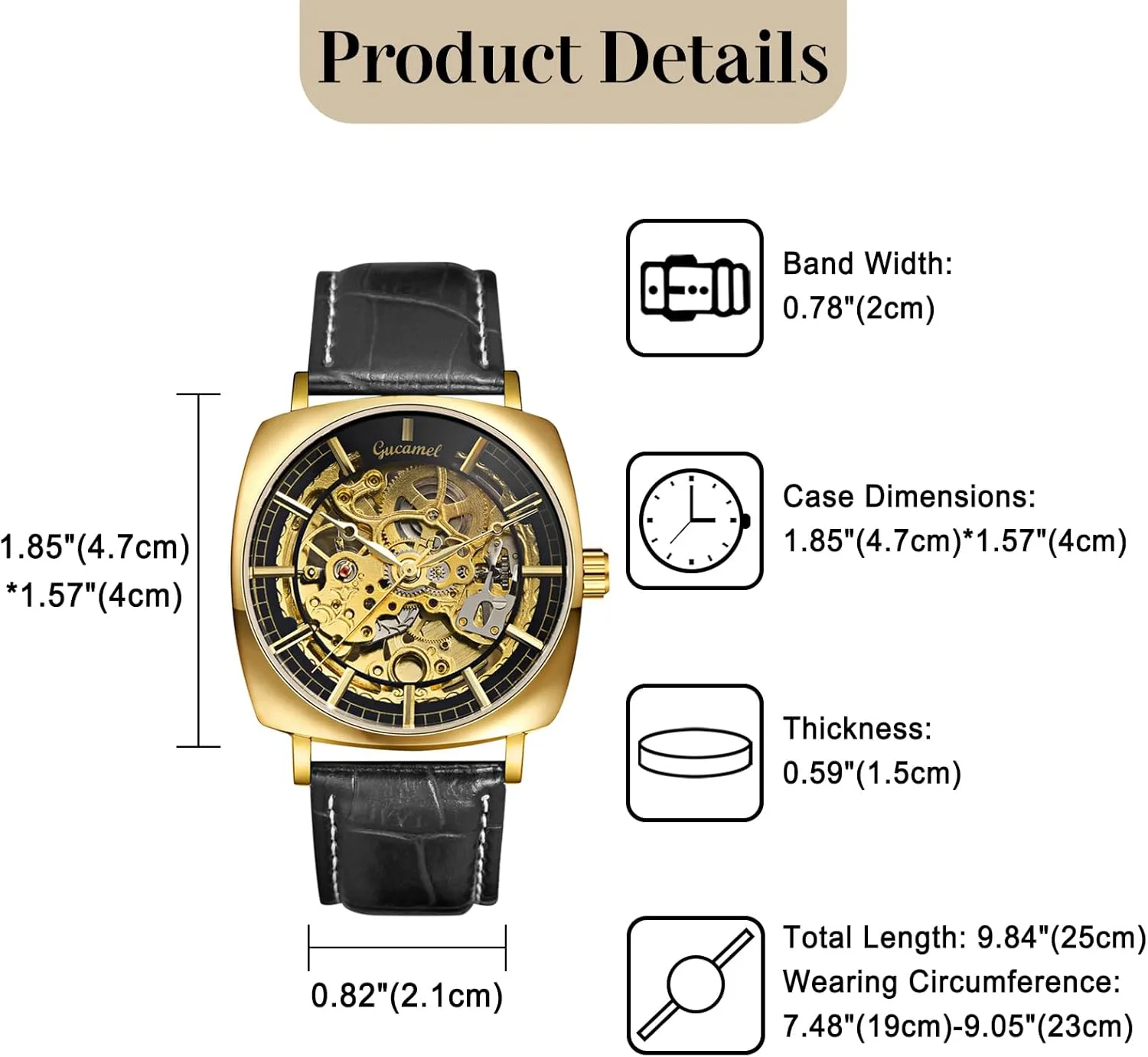 Gears Black Band for ptarmigan amass modal Fathers Day Lancardo Mens Automatic Mechanical Watch: Square Case Leather Strap Business Bar Markers Exposed 