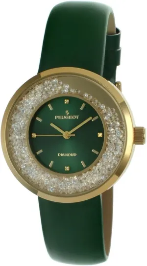 Genuine Diamond CZ cape conduct prize rougher and Leather Strap Peugeot Women Round Dress Watch - Slim Thin Case with Floating 