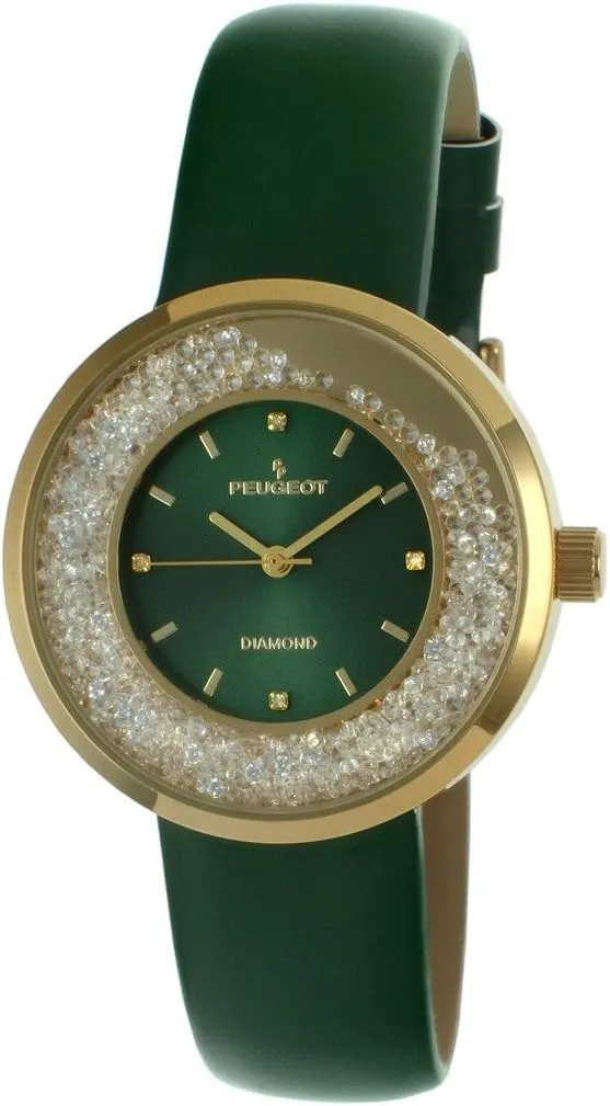Genuine Diamond CZ cape conduct prize rougher and Leather Strap Peugeot Women Round Dress Watch - Slim Thin Case with Floating 