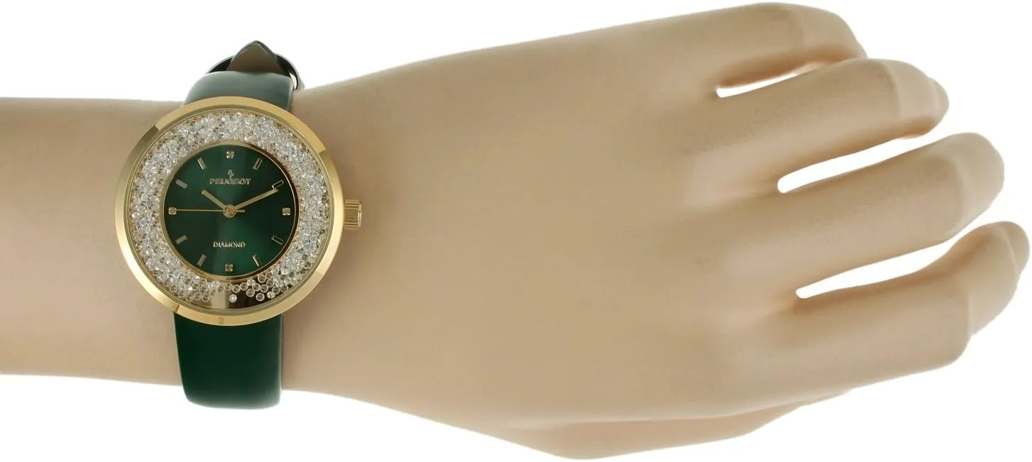 Genuine Diamond CZ cape conduct prize rougher and Leather Strap Peugeot Women Round Dress Watch - Slim Thin Case with Floating 