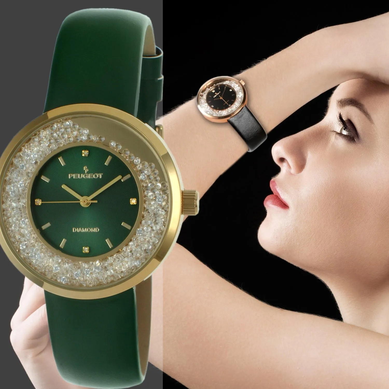 Genuine Diamond CZ cape conduct prize rougher and Leather Strap Peugeot Women Round Dress Watch - Slim Thin Case with Floating 