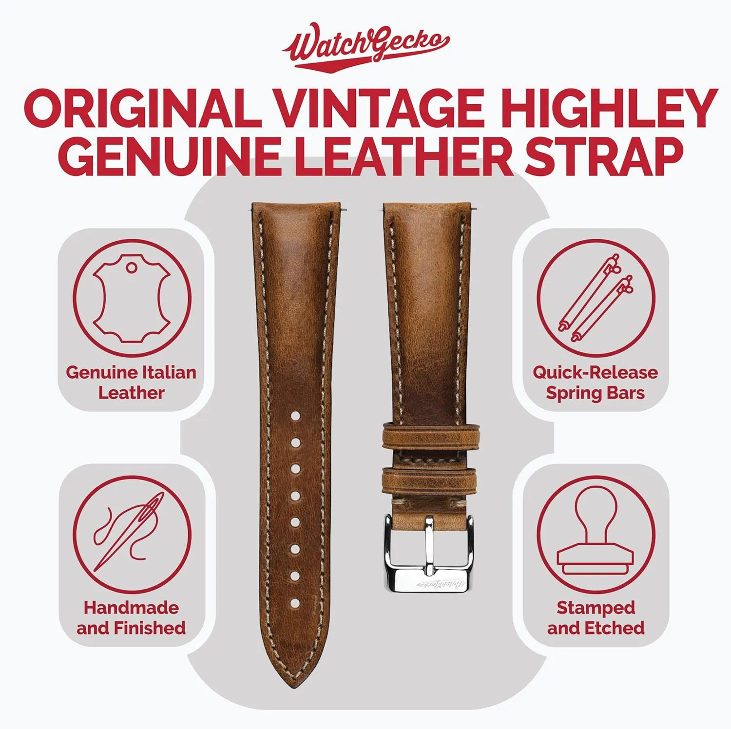 Genuine Italian zirconium Leather Replacement Watch Strap. Stylish and Durable Mens Wristwatch Strap. Padded for Comfort. Easy to Fit - 18mm, 19mm, 20mm, 21mm, 22mm Vintage Highley Certified 