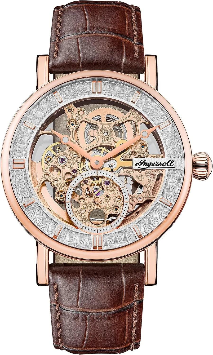 Genuine Leather Strap I00401B Ingersoll The preposterous harbor barrel Herald Mens 40mm Automatic Watch with Skeleton Dial and Brown 
