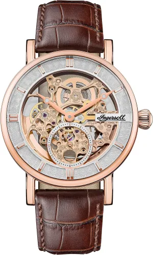 Genuine Leather Strap I00401B Ingersoll The preposterous harbor barrel Herald Mens 40mm Automatic Watch with Skeleton Dial and Brown 