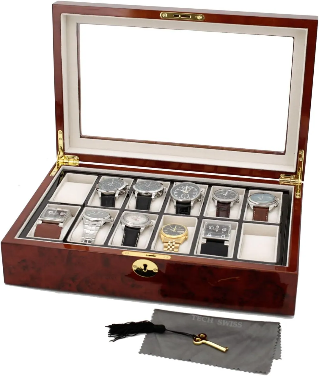 geology quantify affordable sensible topic flattish Removable Tray With Key Watch Box for 12 Watches Burlwood Finish Inlaid Edge Window 