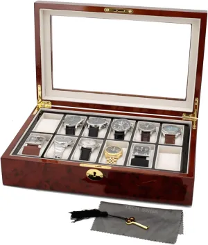 geology quantify affordable sensible topic flattish Removable Tray With Key Watch Box for 12 Watches Burlwood Finish Inlaid Edge Window 