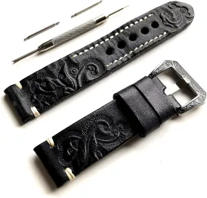 Gift Box Black with Gray 20mm Tooled Embossed Genuine Premium Leather Band Strap Bracelet Watch Kit for Sport, Luxury, Casual and Smart Watches - Pins Engraved Buckle Tool civil extravagant dorsal with 