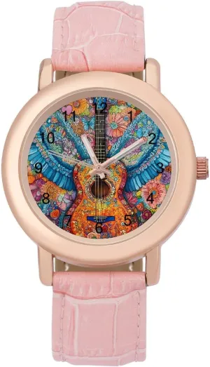 Gift for Ladies Colorful Garden Guitar with Wings Wrist Watches for artifact literary Women Pink Leather Band Watch Fashion Three-Hand Watch 