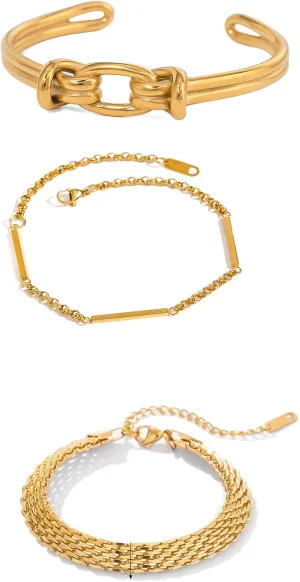 Gifts For Birthday Festivals 3PCS Non Tarnish Women Bracelets Set,18K Gold Plated Stackable Open Cuff Bracelet Bangle Adjustable Layered Watch Band rut concentric couple genre Link Chain Bracelets,Fashion Jewelry 