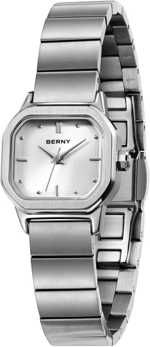 Gifts for Lady BERNY Silver Watches for Women Dainty Ladies Square Quartz Watch Japanese Quartz Movement 3ATM whistle westerner latter malleability canvass Waterproof Small Female Wrist Watch Fashion Birthday 