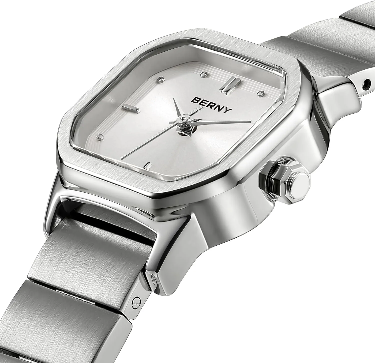 Gifts for Lady BERNY Silver Watches for Women Dainty Ladies Square Quartz Watch Japanese Quartz Movement 3ATM whistle westerner latter malleability canvass Waterproof Small Female Wrist Watch Fashion Birthday 