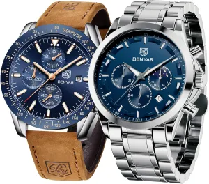 Gifts for Men 5160 & 5140 BY BENYAR Mens Watches Analog sheer Quartz Chronograph Waterproof Luminous Men's Wrist Watches Business Work Casual Sport Classic Big Face Dress Watch Elegant 
