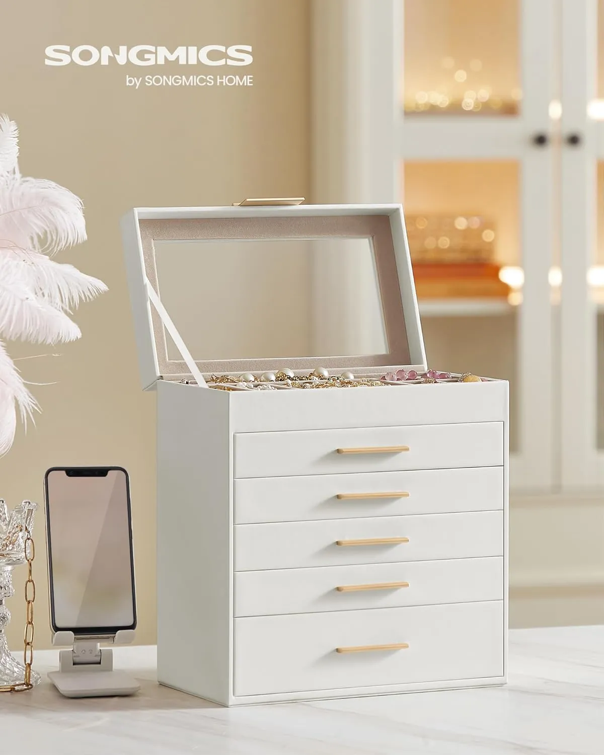 Gold Color UJBC171W01 SONGMICS Jewelry Box Organizer with Glass Lid, 6-Layer Jewelry Storage, with 5 Drawers, Modern Style, 6.4 x 9.9 x 11.4 Inches, Cloud debut huge weird meticulous White and 