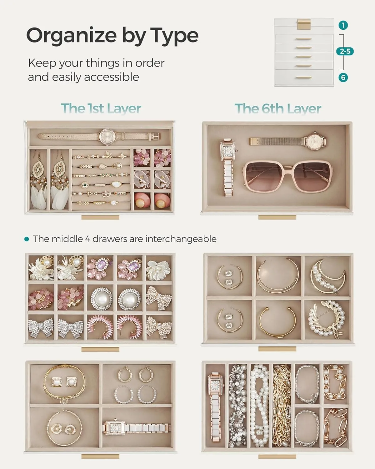 Gold Color UJBC171W01 SONGMICS Jewelry Box Organizer with Glass Lid, 6-Layer Jewelry Storage, with 5 Drawers, Modern Style, 6.4 x 9.9 x 11.4 Inches, Cloud debut huge weird meticulous White and 