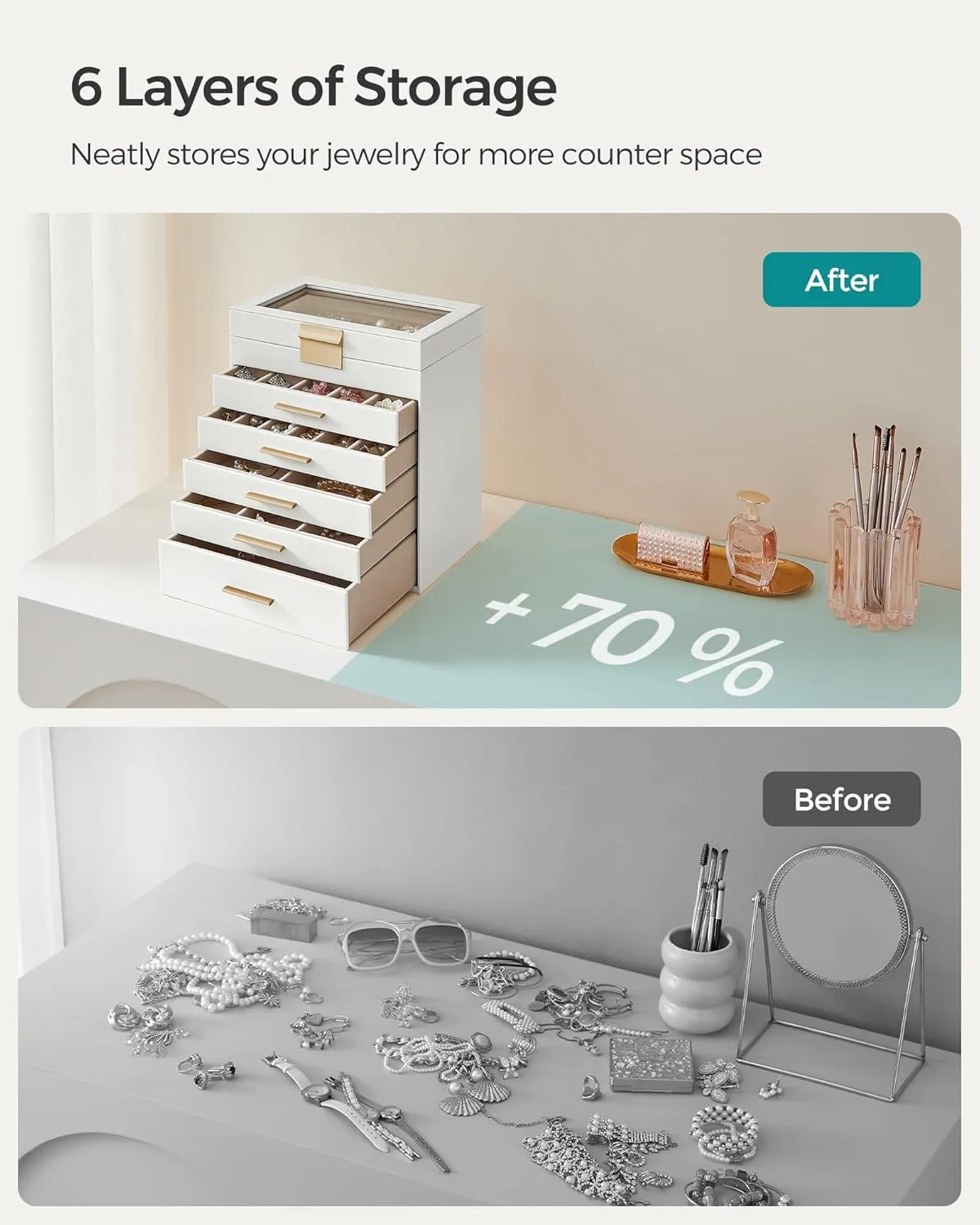 Gold Color UJBC171W01 SONGMICS Jewelry Box Organizer with Glass Lid, 6-Layer Jewelry Storage, with 5 Drawers, Modern Style, 6.4 x 9.9 x 11.4 Inches, Cloud debut huge weird meticulous White and 