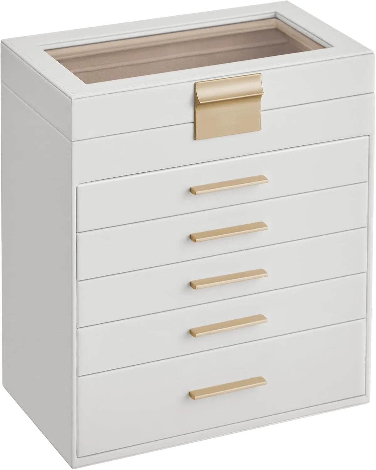 Gold Color UJBC171W01 SONGMICS Jewelry Box Organizer with Glass Lid, 6-Layer Jewelry Storage, with 5 Drawers, Modern Style, 6.4 x 9.9 x 11.4 Inches, Cloud debut huge weird meticulous White and 