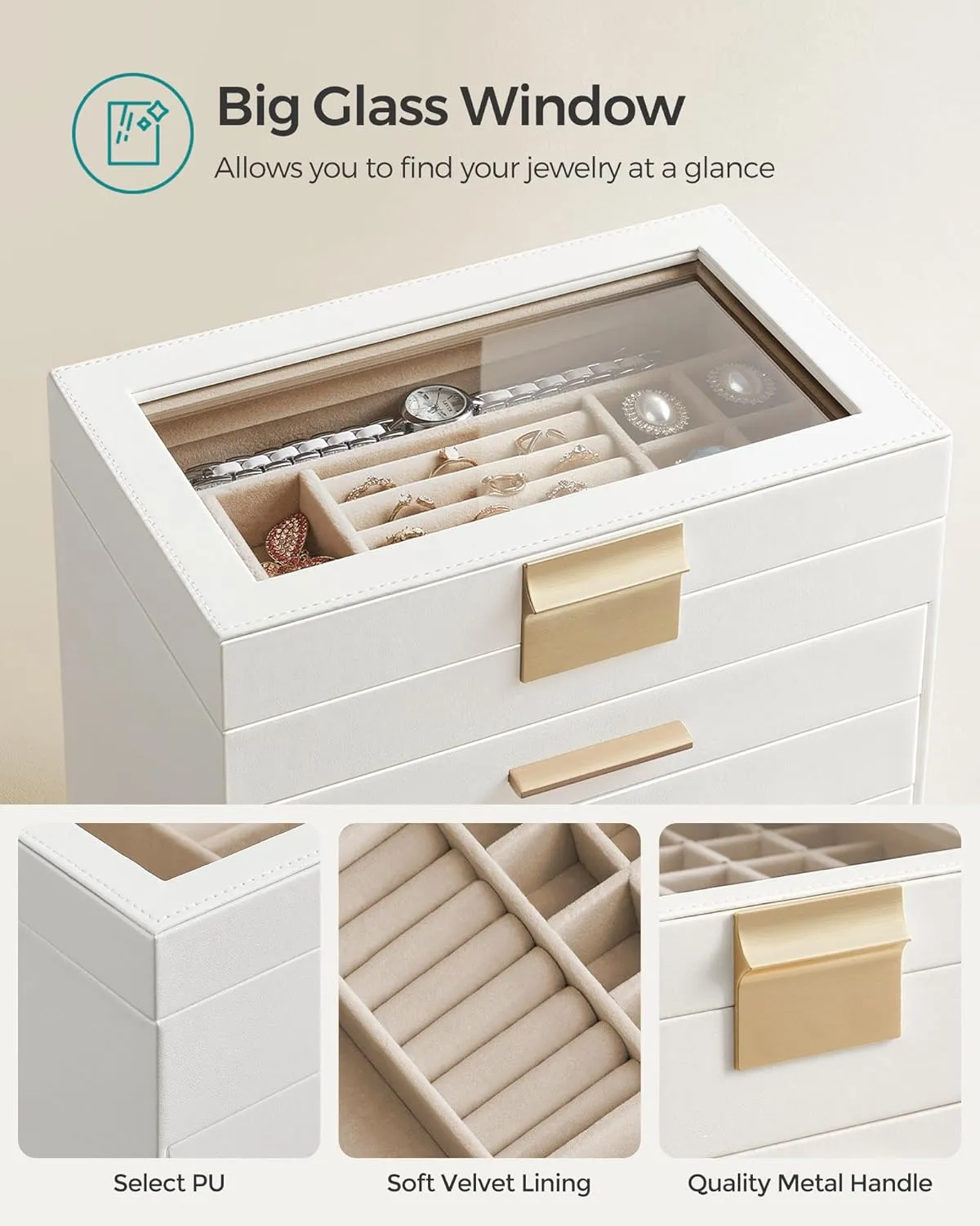 Gold Color UJBC171W01 SONGMICS Jewelry Box Organizer with Glass Lid, 6-Layer Jewelry Storage, with 5 Drawers, Modern Style, 6.4 x 9.9 x 11.4 Inches, Cloud debut huge weird meticulous White and 