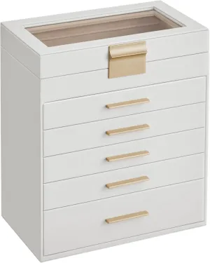Gold Color UJBC171W01 SONGMICS Jewelry Box Organizer with Glass Lid, 6-Layer Jewelry Storage, with 5 Drawers, Modern Style, 6.4 x 9.9 x 11.4 Inches, Cloud debut huge weird meticulous White and 