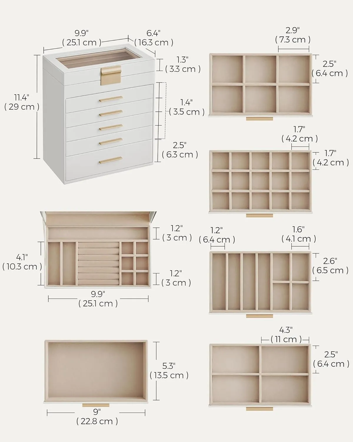 Gold Color UJBC171W01 SONGMICS Jewelry Box Organizer with Glass Lid, 6-Layer Jewelry Storage, with 5 Drawers, Modern Style, 6.4 x 9.9 x 11.4 Inches, Cloud debut huge weird meticulous White and 