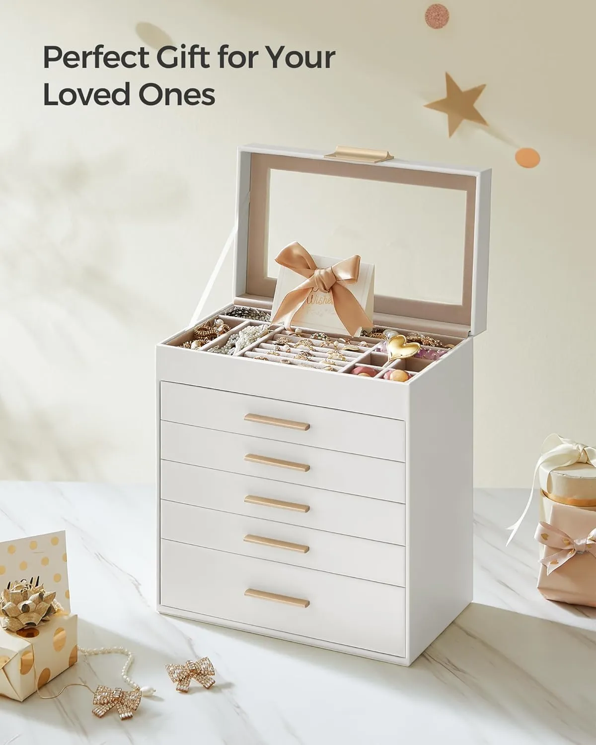 Gold Color UJBC171W01 SONGMICS Jewelry Box Organizer with Glass Lid, 6-Layer Jewelry Storage, with 5 Drawers, Modern Style, 6.4 x 9.9 x 11.4 Inches, Cloud debut huge weird meticulous White and 