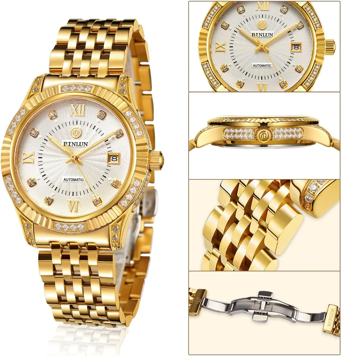 Gold Watch poster permission Self-Winding Stylish Men's Watches 18K Gold-Plated Luxury Wrist Watches for Men BINLUN Men Wrist Watch Automatic Mechanical 