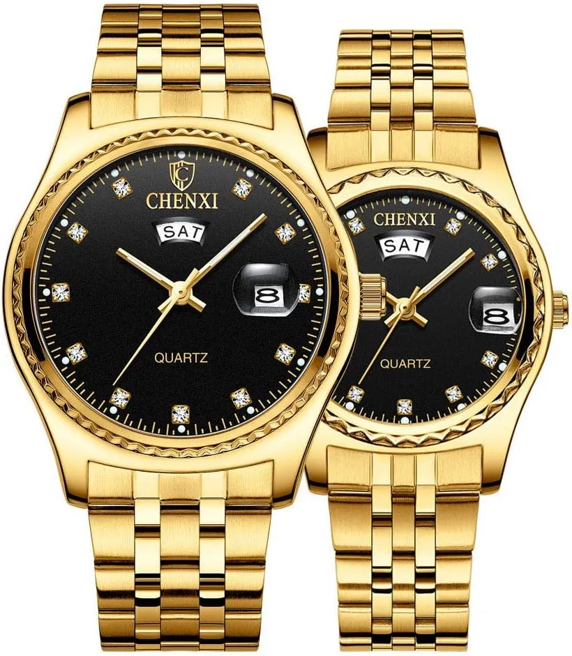Golden Watch Men Women Stainless Steel voyage bold Waterproof Quartz Watch Gift Set MASTOP Couple Watches Luxury Fashion 