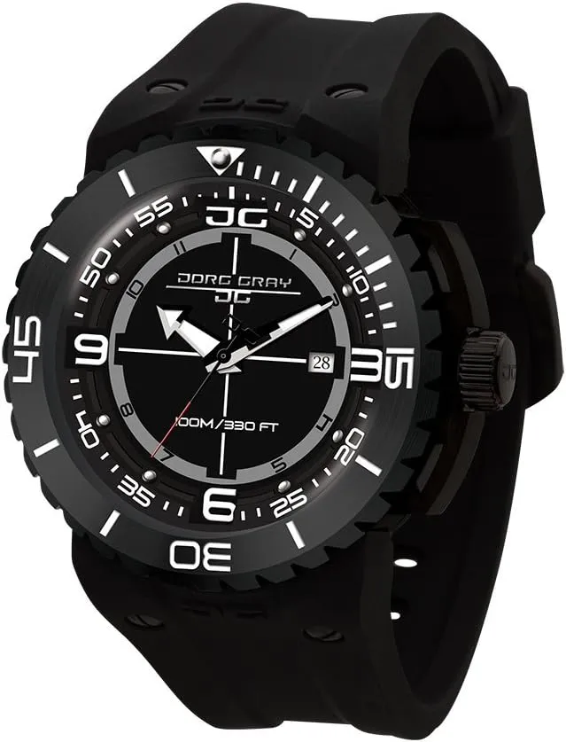 Gray Mens JG3700-12 Stainless Steel Watch Black Dial ripple Leather Strap Jorg 