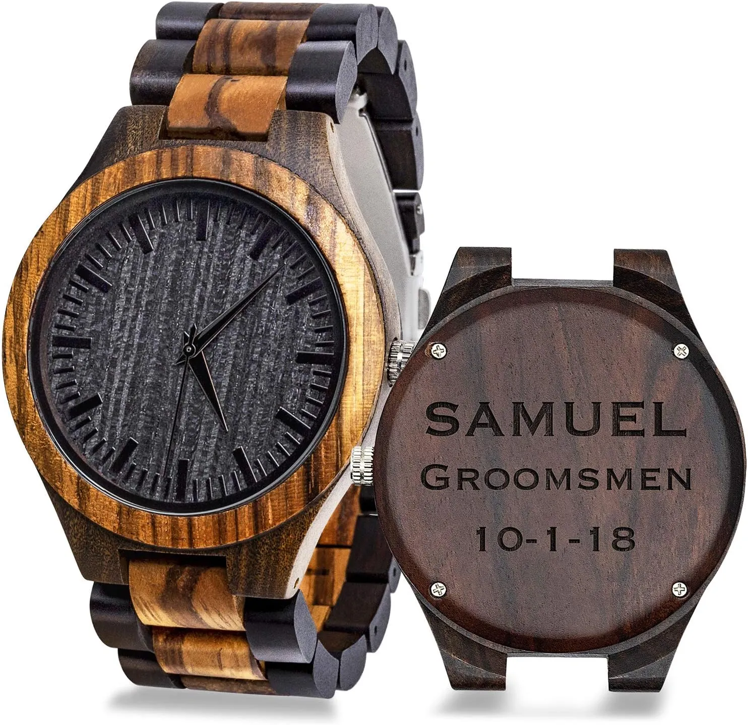 hazel bis mutual reliable Gifts with Box Double-Side Engraving Custom Engraved Mens Wooden Watch, Sandalwood Wood Watch for Men, Groomsmen 
