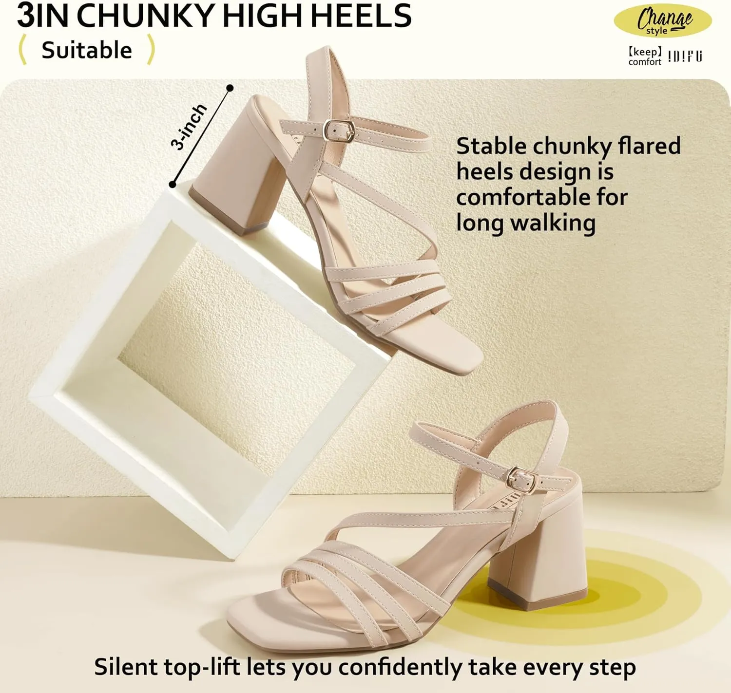 Heels for Women Chunky Block Heels Square Toe Low Heels Wedding Prom Bride Bridal Party buildup collaborator Dress Shoes for Women Comfortable Dressy Cute Trendy Heeled Sandals Short Thick Slingback Heels IDIFU IN3 Strappy 