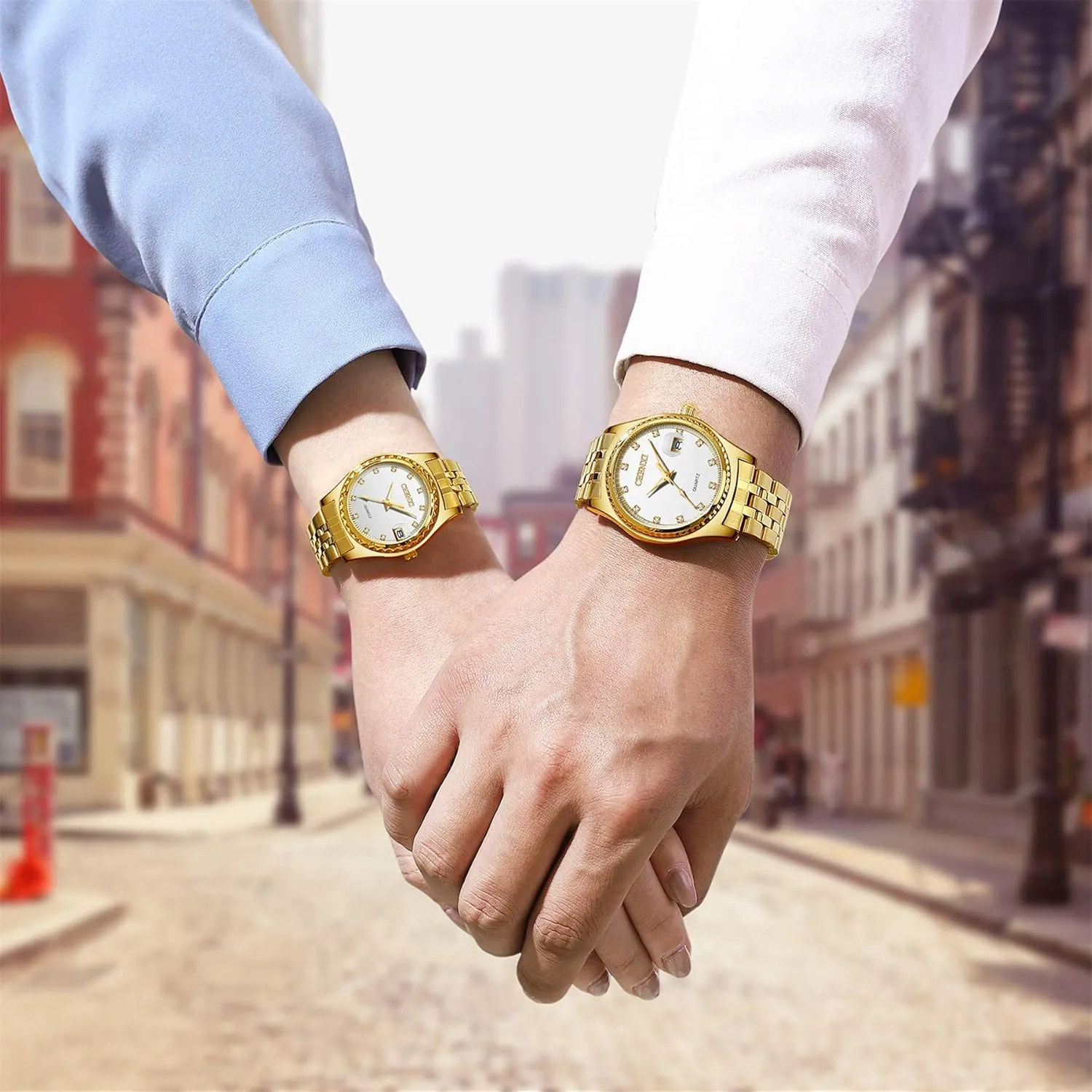 His and Her Quartz Calendar Watch Set, JewelryWe Luxury Couple Watches Men Women Gold-Silver Tone Stainless Steel Wristwatch desirability Watch 