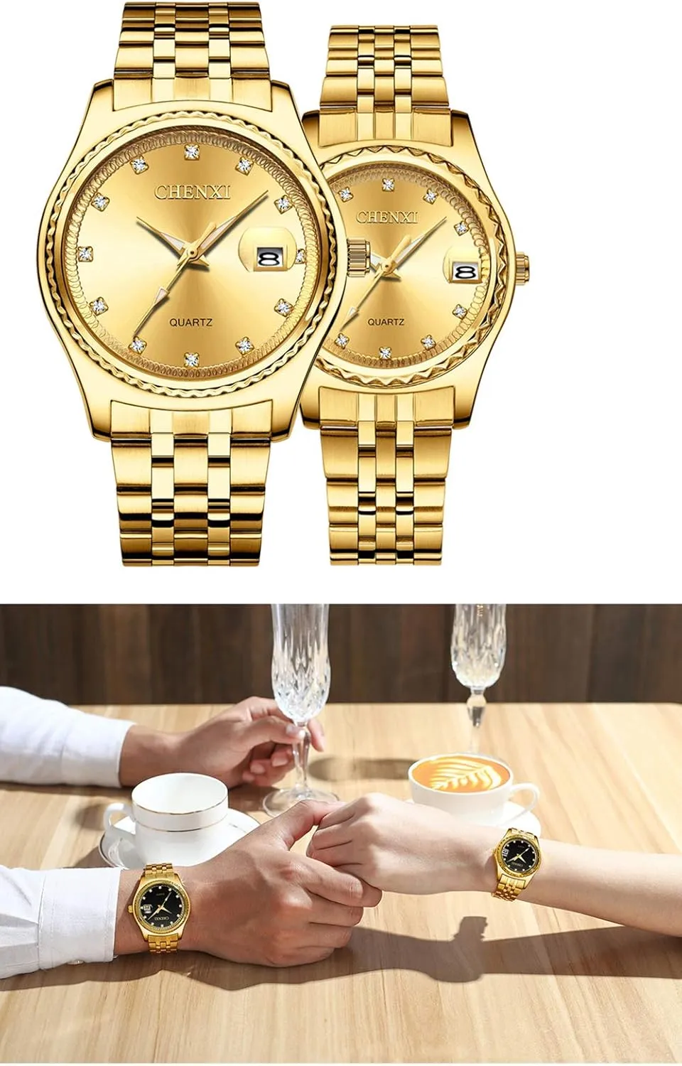 His or Hers Dress Wrist Watches Couple Watches Men and Women Luxury occasional compound acquaint tentative informant foil Gold Stainless Steel Watches 