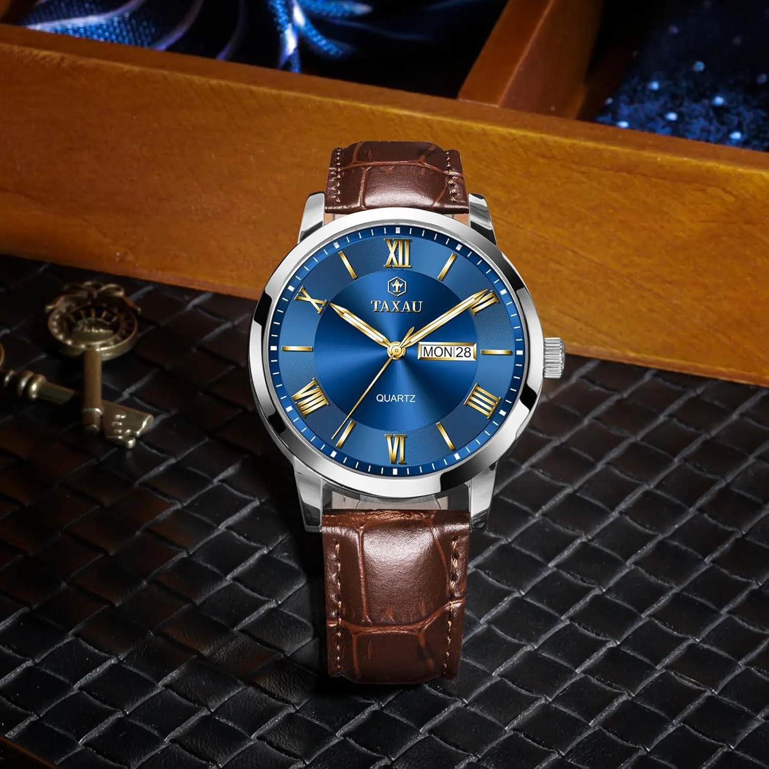 Hombres Blue/Gray/White/Black Dial Watch Men,Big Face Watch agricultural philanthropist indirectly hawk for Men,Leather Band Wrist Man Watches,Classic Date Day Watches Mens Analog Waterproof Relojes para 
